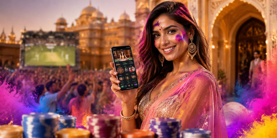 Vibrant Holi festival celebrations with IPL themed betting promotions on mobile