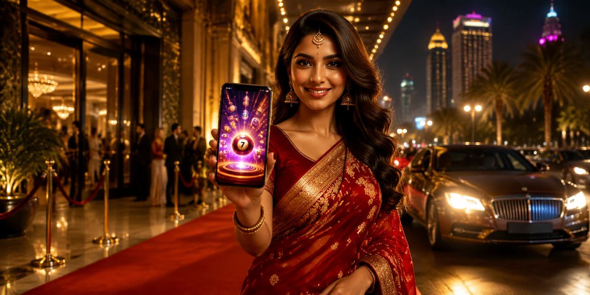 Festive Indian woman enjoying Rummy on mobile app during Diwali season