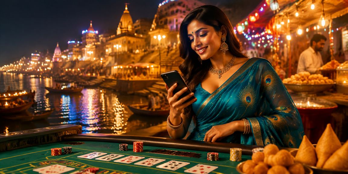 Indian traditional scene with baccarat and colorful textiles